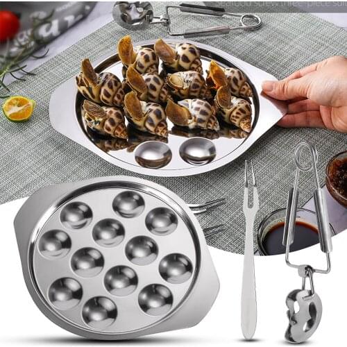 Conch Plate Stainless Steel Creative Baked Snail Plate 12 Holes Compartment Seafood Dish With Fork Tong For Barbecue Restaurant