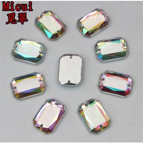 Micui 8*10/10*14/13*18mm AB rectangle octagonal Acrylic Rhinestones Crystal Flat Back Sew On 2 Holes For Clothing Craft ZZ699