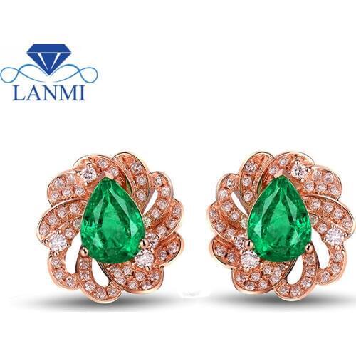 1.68ct Gemstone Jewelry Solid 18Kt Rose Gold Pear 6x8mm Natural Diamond Emerald Stud Earrings For Wedding Gift WU266