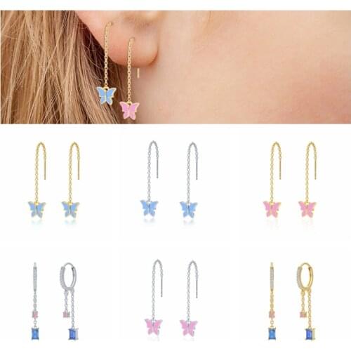 CANNER Chain Earrings S925 Sterling Silver Blue Pink Cute Butterfly Cubic CZ Zircon Dangle Earrings For Girl Women 2021 Piercing