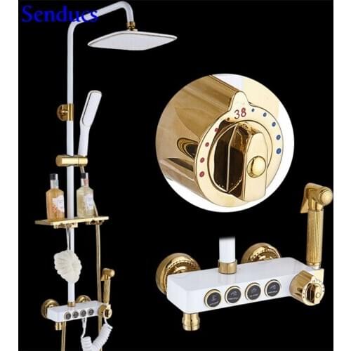 Senducs White Gold Thermostatic Shower System European Bathroom Gold Shower Set Quality Brass Bathroom Thermotatic Shower Set