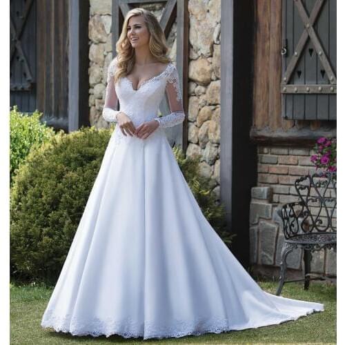 Custom Made A-line V-neck Long Sleeve Satin Tulle Lace Beading Crystal Elegant Formal Wedding Dresses Bridal Gowns SC07