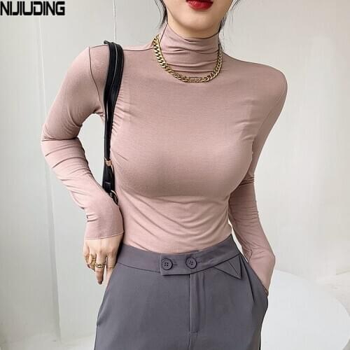 Womens Half Turtleneck Cotton Bottoming Shirts Female Long Sleeve Pure Color Warm Keeping Tops 2020 New Slim Elastic T-shirts