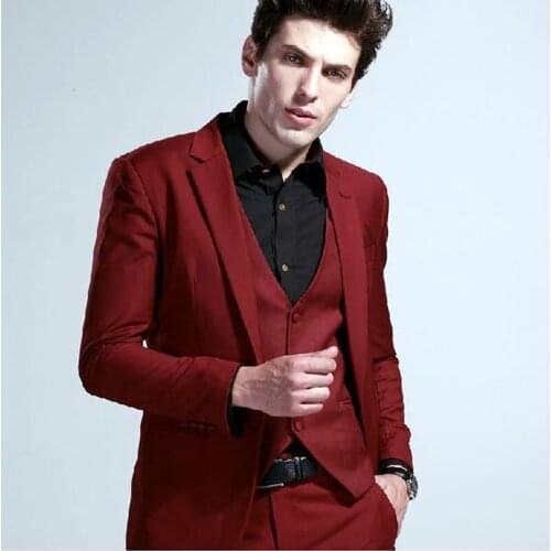 High qulity groom suits men leisure suit three-piece groom wedding dress Wine red suit ( jacket+Pant+vest)