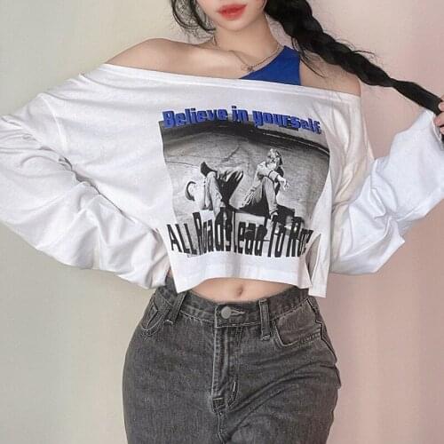 Women Cold Off Shoulder T-shirt Adults Figure Letter Print Boat Neck Long Sleeve Crop Top Ladies Autumn Pullover Tops Streetwear