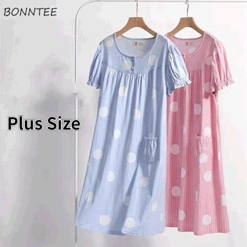 Plus Size Nightgowns Women O-neck Polka Dot Elegant Simple Korean Style Leisure Sleepwear Ruffles Summer Female Soft Chic Newest