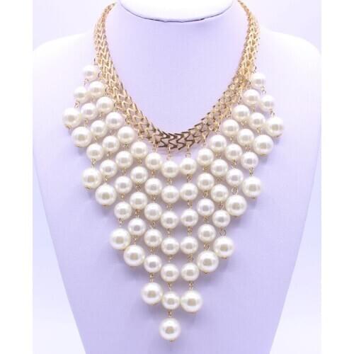 FYJS Unique Light Yellow Gold Color Geometric Imitation Pearl Pendant Statement Necklace for Women Jewelry
