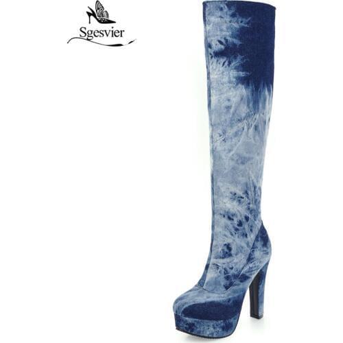 Sgesvier Fashion Women Knee High Denim Boots Thick High Heel Platform Long Boots Winter Warm Plush Boots Shoes Big Size 50 OX676