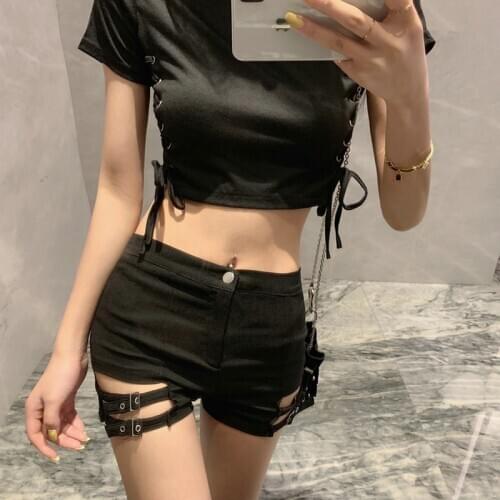 2020 Summer double buckle design high waist elastic tight shorts female chic bandage sexy hot shorts female punk style shorts