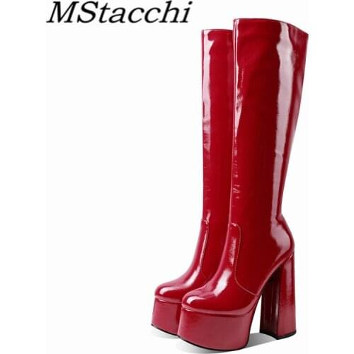 MStacchi Patent Leather Womens Motorcycle Boot Street Style Round Toe Square Heel Platform Hand-made Shoes Botas altas mujer