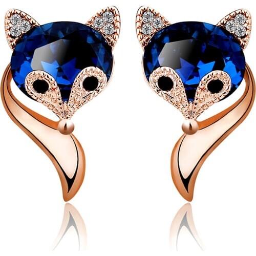 Cute fox shape blue crystal zircon diamonds stud earrings for women sapphire gemstones rose gold silver color pendientes jewelry