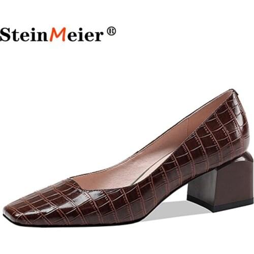 2021 Genuine Leather Women Pumps Autumn Shallow Office Dress Shoes Square Heels Single High Heels Ladies Shoes