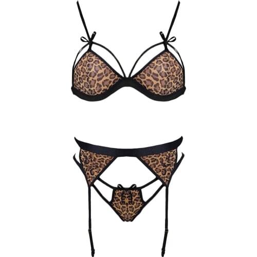 Women Sexy Leopard Wireless Bra Temptation Bandage Lingerie Set Ultrathin Breathable Thong With Garter Collar Sleepwear lenceria