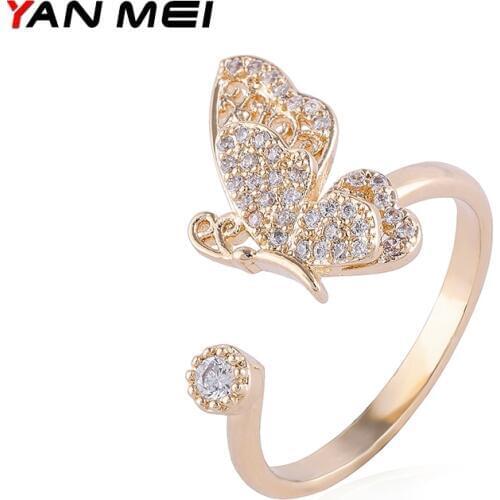 YANMEI Two Layers Crystal Butterfly For Women Open Finger CZ Fly Animal Rings Boucle D'oreille Fashion Jewelry YMJ1830