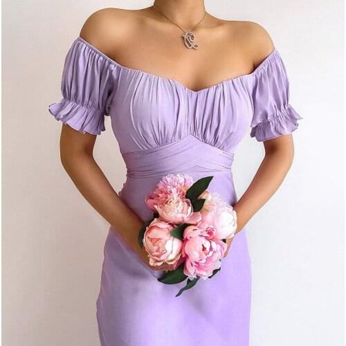 Summer Solid Color Simple Off The Shoulder Short Sleeve Long Dress Sexy Slim Temperament Women Dress with High Slit Ruched