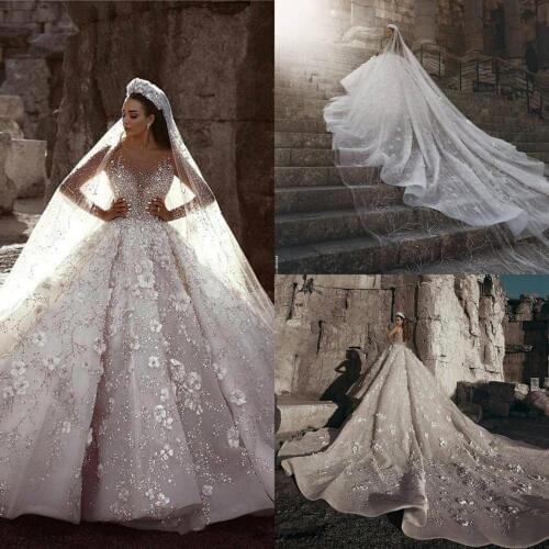 Luxury Long Sleeve Wedding Dress with 3D Floral Appliques Crystal Puffy Court Train Vintage Wedding Gowns vestido de novia