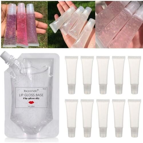 100ml Transparent Lip Gloss Base Oil DIY Lip Gloss Raw Material Gel Moisturizing Versa gel with Lip Gloss Tubes Container 10g