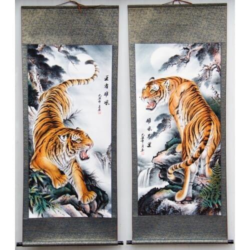 2pcs # TOP business gift # Home office WALL Decorative art - Money Drawing GOOD Luck Mascot Tiger ART FENG SHUI silk painting
