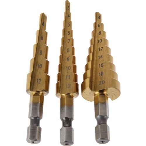 3 Pcs Hss Steel Titanium Step Drill Bits 4-12mm 4-20mm 3-12mm Step Cone Cutting Tools Steel Woodworking Wood Metal Drilling Set