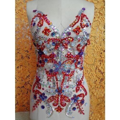 A70 Pure hand made sew on Rhinestones applique red/clear AB colour crystals patches 50*32cm DIY dress accessory