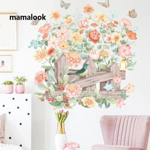 Watercolor flower sticker fence bird self-adhesive painting warm and romantic bedroom background wall door wall sticker
