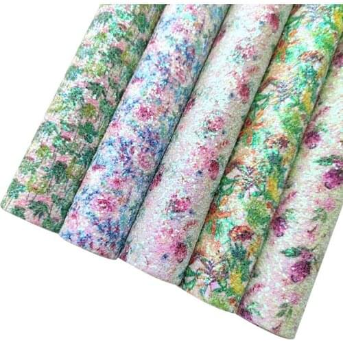 135x30cm Floral Printed Chunky Glitter Shiny PU Faux Leather Fabric Sheet for Making Craft/Hair Bow/Earrings/Decoration