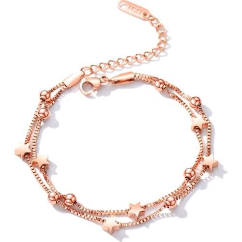 Fashion Stainless Steel Star Ball Chain Link Bracelets For Women Rose Gold Color Double Layer Bracelet Jewelry B17099