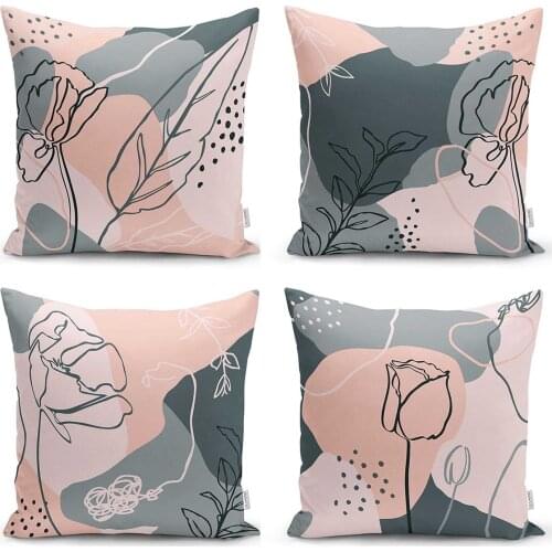 Pink Rose And Leaf Patterned On 4'Lü Pillow Decorate Case Set Quality Stylish Home Garden Room Kitchen Gift Useful Colorful