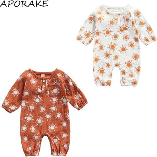 2021 0-18M Baby Casual Long Sleeve Jumpsuit Fashion Sun Printing Button Round Neck Romper Spring Autumn Cotton Linen Clothes