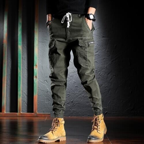 Men Jeans High Quality Loose Fit Multi Pockets Green Fashion Streetwear Casual Cargo Pants Hombre Harem Trousers Hip Hop Joggers