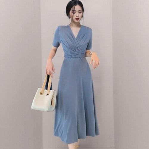 Elegant Summer Women V Neck Dress 2021 High Quality Short Sleeve Lace Up Slim Waist Female Blue Offic OL Ball Gown Long Dresses