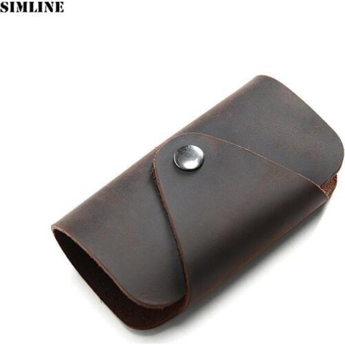 Genuine Leather Key Wallet Holder For Men Vintage Crazy Horse Leather Mens Short Key Ring Holders Housekeeper Organizer Male Man