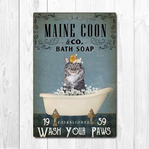 Maine Coon Wash Your Paws Poster, Cat Poster Vintage Tin Metal Sign Bar Club Cafe Garage Wall Decor Farm Decor Art