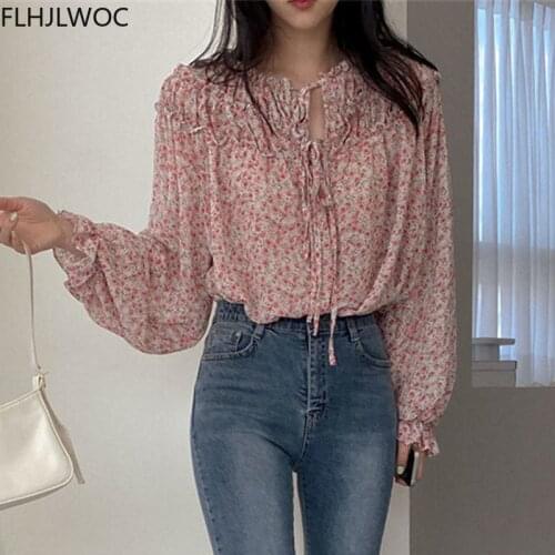 Cute Sweet Tops Blusas Fashion Japan Style Girls Retro Vintage Flower Floral Print Bow Tie Pink Shirts Blouses Chic Korea