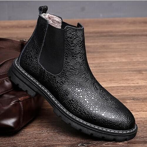 New Mens Boots Fashion Chelsea Boots Male Slip-on Genuine Leather Outdoor Ankle Boots Man Warm Winter Boots For Men Snow Shoes