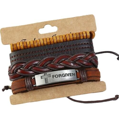 1Set Of 4 Pieces Of Lather Bracelet Men Multi-layer Cross Design Punk Casual Men Accessories Leather Bracelet Accessories