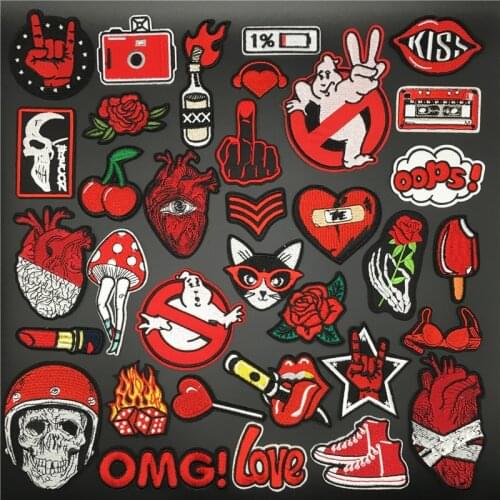 Red Ghost Heart Patches for Clothing Embroidered Iron On Badges Stripes for Clothes Stickers Appliques DIY Decoration Patch