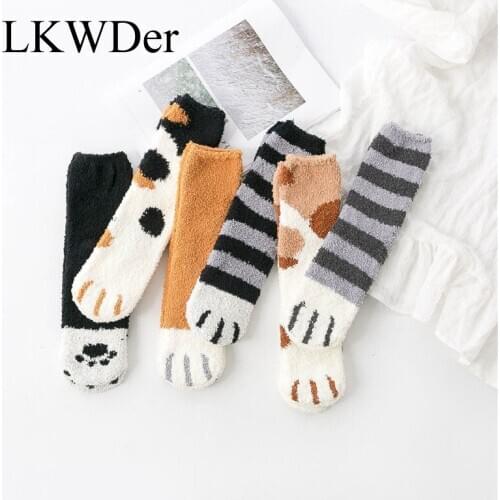 LKWDer 3 Pairs Of Plush Coral Fleece Socks Female Tube Socks Autumn Winter Cat Claws Cute Thick Warm Sleeping Floor Sleep Socks