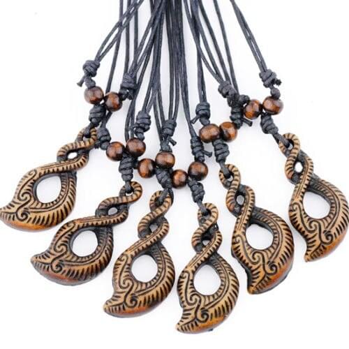 Wholesale LOT 12pcs Imitation Yak Bone Carving Double Twist Maori Hook Pendant Charm Adjustable Necklace Amulet Gift MN174