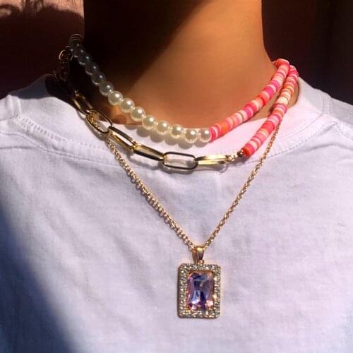 Multilayer Soft Clay Beads Asymmetric Metal Choker Necklace For Women Trendy Square Rhinestone Pendant Necklace New Jewelry Gift