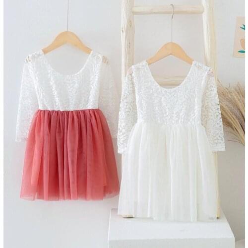 New Baby Girls Long Sleeve Lace V-back Mesh Dress , Girls Princess Sweet Flower Clothes 6 pieces/lot