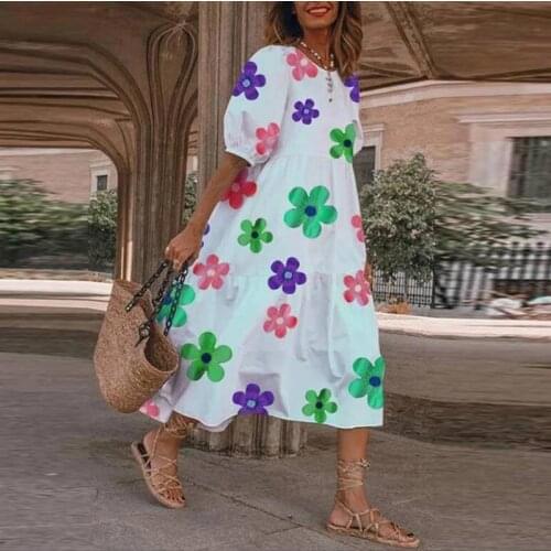 Mid-Calf Dress VONDA Bohemian Vestidos S-5XL Vintage Floral Print Dresses Casual Puff Sleeve Shorts Sleeve Pleat Beach Sundress