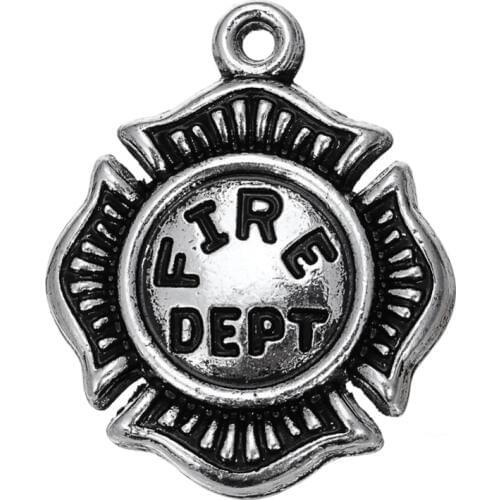 Antique Silver Plated Eco friendly Metal Alloy Fire Dept Badge Charm Fire Department Pendant For DIY