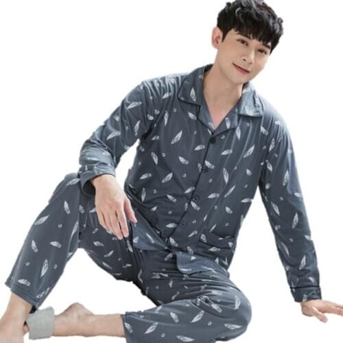 Mens Pajamas Spring Knitted Cotton Men Pajama Sets Long Sleeve Turn-down Collar Pijamas Plus Size L-4XL Male Lounge Sleepwear
