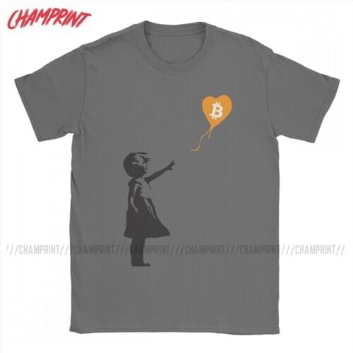 Awesome Bitcoin Balloon Girl Banksy T-Shirt for Men 100% Cotton T Shirts Crypto BTC Short Sleeve Tee Shirt Graphic Clothes