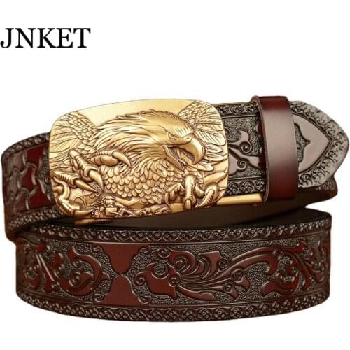JNKET New Eagle Automatic Buckle Belts Mens Belt Cowhide Leather Character Carved Leather Belt Casual Jean Belt