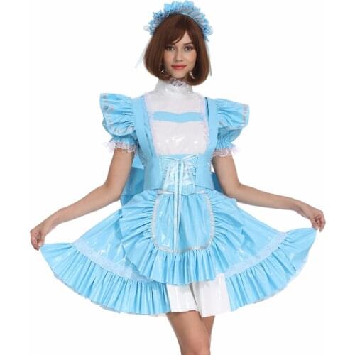 Sissy Girl Maid PVC Lockable Baby Blue Dress Two Ways Wear Long or Short Sleeves Crossdress Cosplay Costume