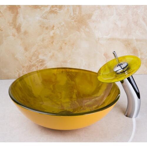 Torayvino yellow Round Wash basin Hand Painted Lavatory Vessel Glass Bathroom Sink & Chrome Waterfall Faucet mixer tap Set