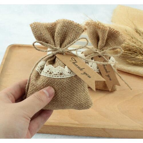 20pcs Vintage Burlap Gift Candy Bags thank you tag rustic Wedding Candy Jute Gift Jewelry bag wedding favors and gifts