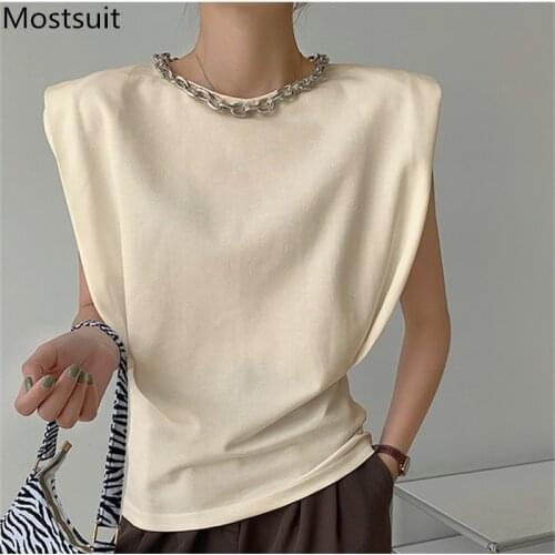 2021 Summer Stylish Cotton T Shirt Tees Women Sleeveless O-neck Chain Spliced T Shirt Pullover Korean Fashion High Street Tops